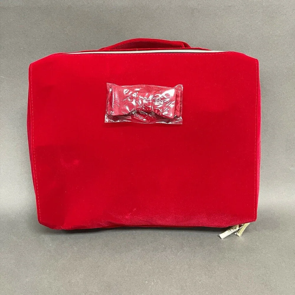 Estee Lauder Red Velvet Gold Zipper Cosmetic‎ Bag with Handle 9 1/2 x 12 1/2 x 4